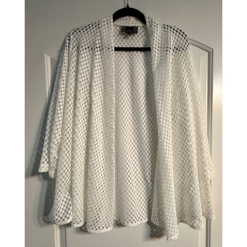 Slinky Brand Cardigan Women Large White‎ Lace Open Front Coquette Boho Layering